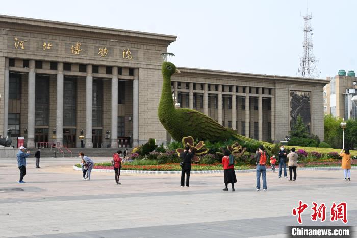 圖為游客在花壇前拍照打卡。　翟羽佳 攝