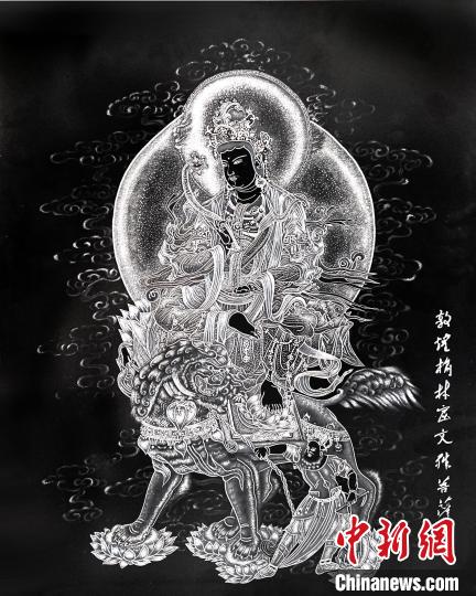 圖為朱增平創(chuàng)作的鍥金畫《敦煌榆林窟文殊菩薩》。(資料圖) 受訪者供圖