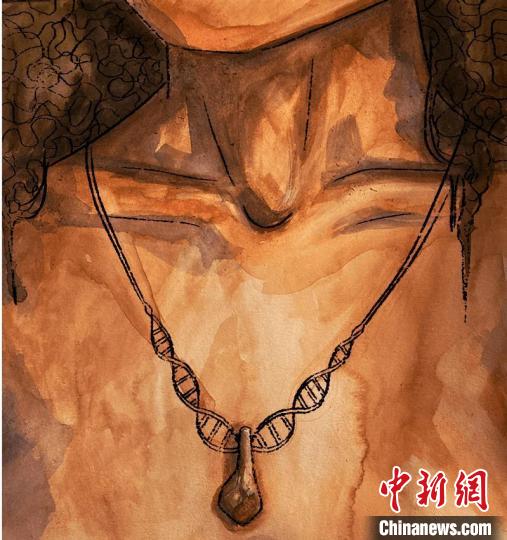 墜飾藝術(shù)再現(xiàn)圖，圖中吊墜繩為DNA螺旋樣式(圖片作者M(jìn)yrthe Lucas)。　施普林格·自然 供圖