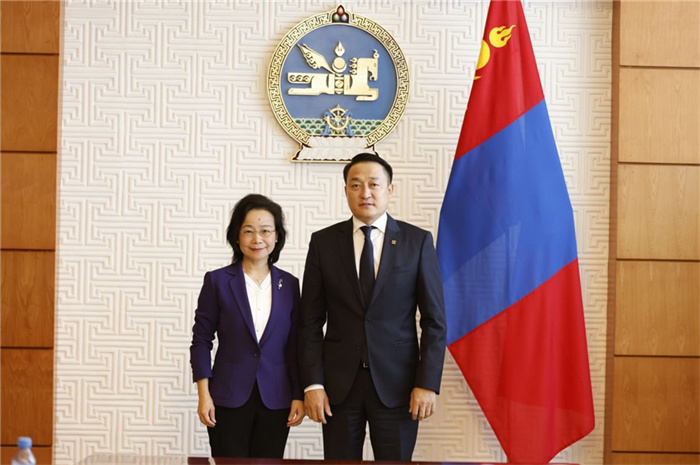 10月31日，中國(guó)駐蒙古國(guó)大使沈敏娟到任拜會(huì)蒙政府辦公廳主任兼蒙古人民黨總書(shū)記阿瑪爾巴伊斯格楞（右）。中國(guó)駐蒙古使館供圖