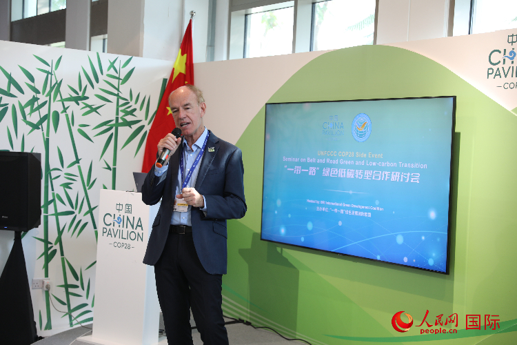 綠色聯(lián)盟聯(lián)合主席、世界自然基金會國際特使蘭博蒂尼在“一帶一路”綠色低碳轉型合作研討會上發(fā)言。人民網(wǎng)記者 張志文攝