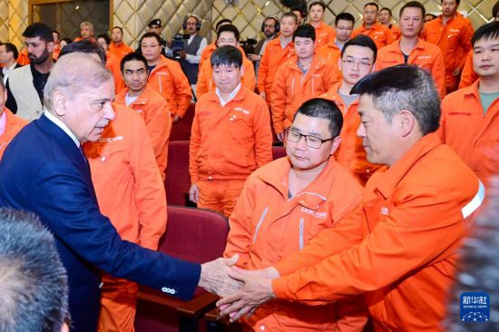 4月1日，在巴基斯坦西北部開伯爾-普什圖省達(dá)蘇，巴基斯坦總理夏巴茲（左）同達(dá)蘇水電站項(xiàng)目中方員工握手。新華社發(fā)（巴基斯坦新聞與廣播部下轄媒體信息部門供圖）