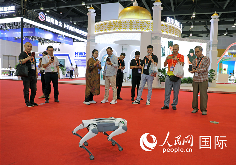 東博會上，觀眾正在參觀一只機器狗。綠色能源、新能源汽車、綠色農(nóng)產(chǎn)品等成為本屆東博會觀眾關(guān)注的焦點。人民網(wǎng)記者 趙益普攝