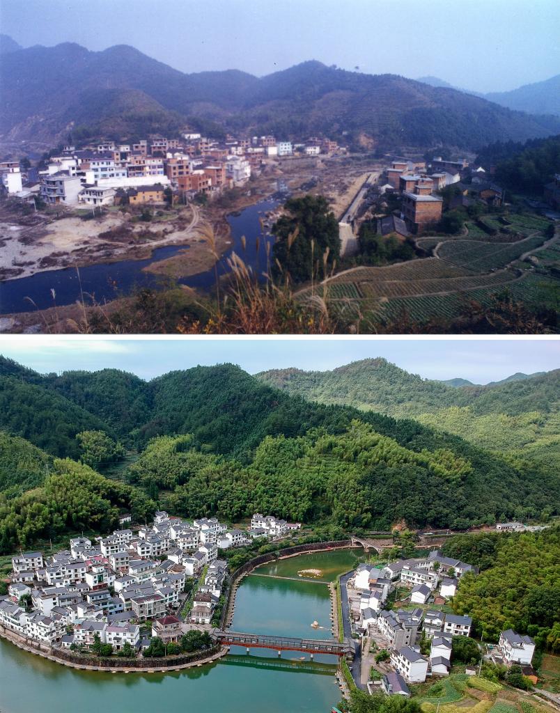 圖為浙江省杭州市淳安縣楓樹嶺鎮(zhèn)下姜村拼版圖，其中上圖為資料照片、下圖由新華社記者張鋮攝。