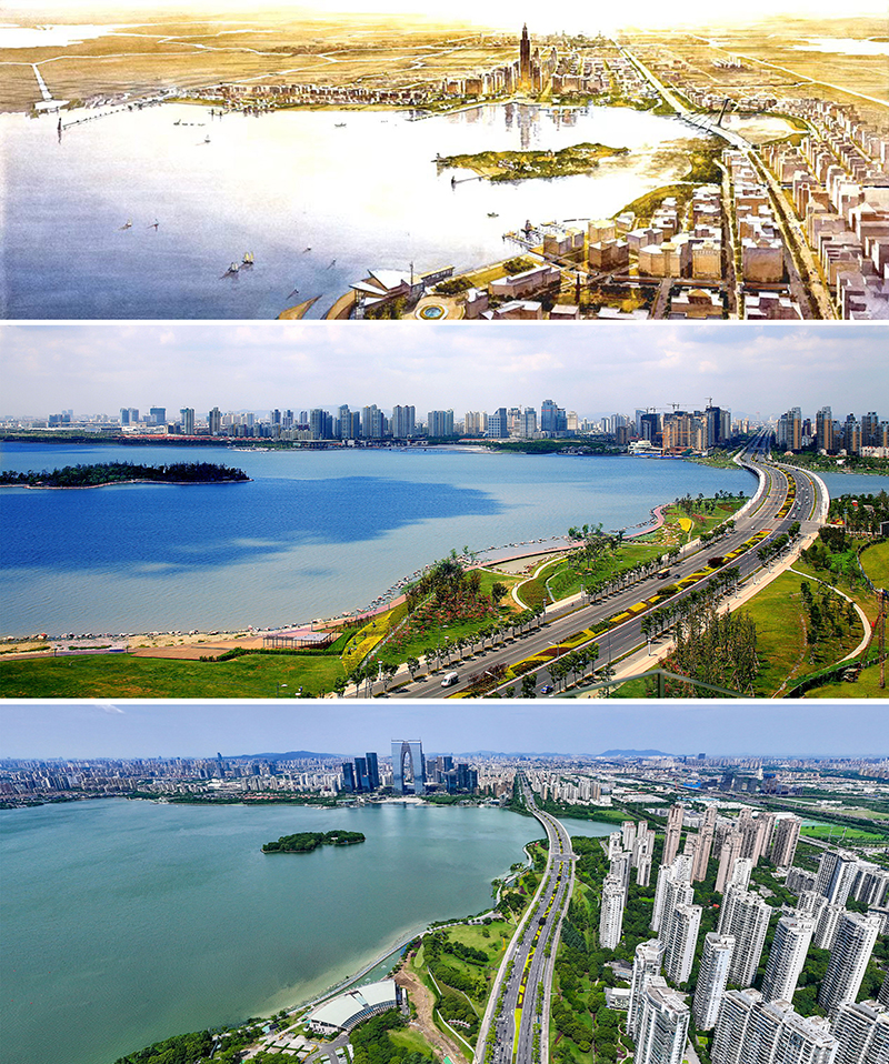 拼版照片：上圖為1994年繪制的蘇州工業(yè)園區(qū)手繪規(guī)劃圖；中圖為2007年拍攝的蘇州工業(yè)園區(qū)；下圖為2023年7月4日用無(wú)人機(jī)拍攝的蘇州工業(yè)園區(qū)。