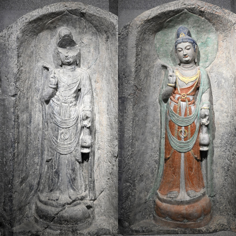 左圖為龍門石窟萬佛洞窟前南壁菩薩造像的3D打印模型；右圖為利用數字化技術復原后的3D打印模型（2025年4月10日攝，拼版照片）。復原后的像龕精妙絕倫，栩栩如生，被游客譽為“龍門最美菩薩”。圖片來源新華社