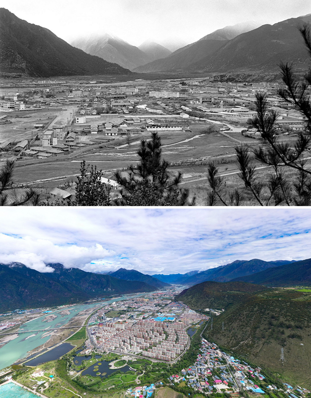 拼版照片：上圖是20世紀(jì)90年代的西藏林芝八一鎮(zhèn)；下圖是2021年7月20日拍攝的西藏林芝八一鎮(zhèn)風(fēng)貌。