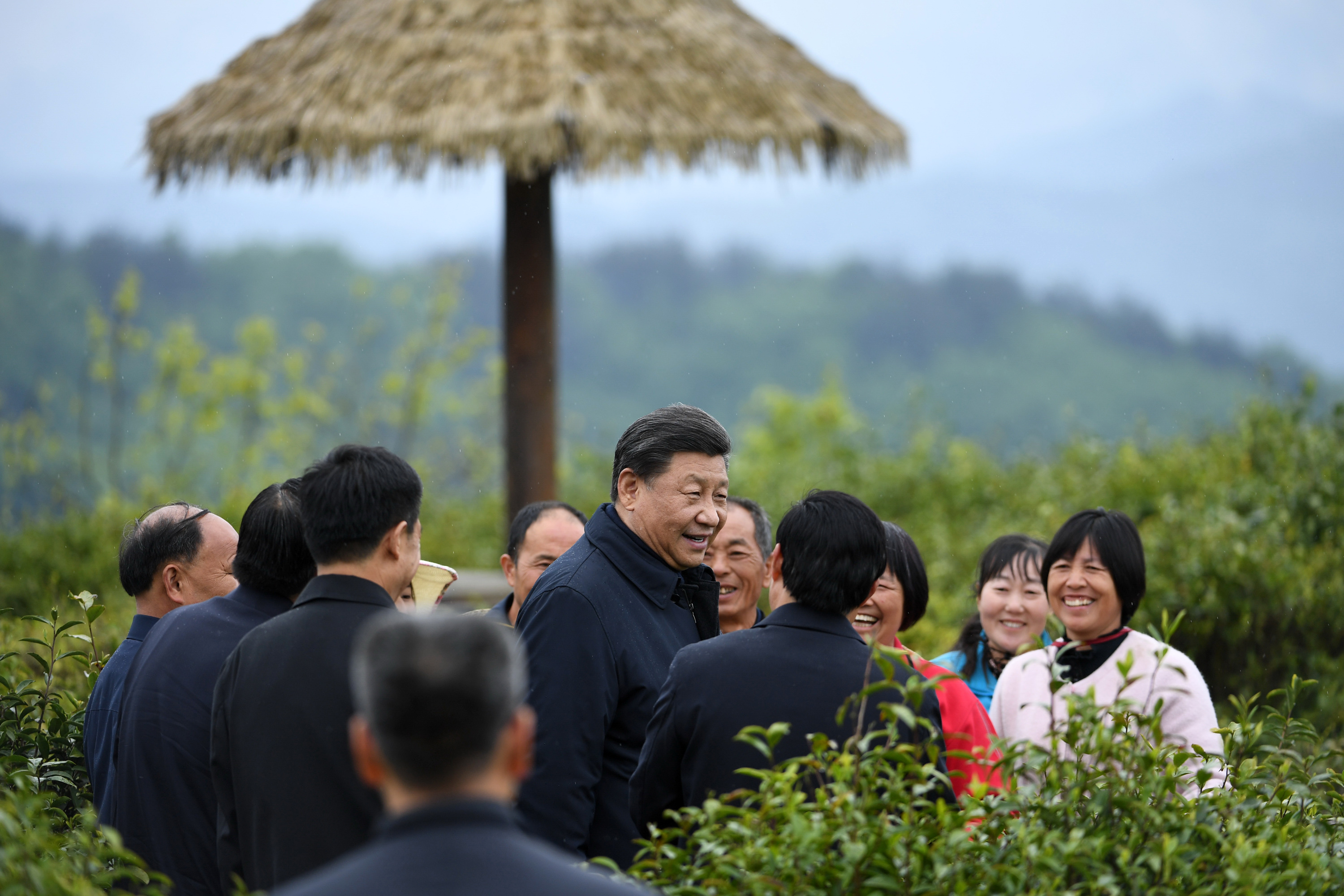 2020年4月21日，習近平在安康市平利縣老縣鎮(zhèn)蔣家坪村女媧鳳凰茶業(yè)現(xiàn)代示范園區(qū)，同茶農們親切交談。