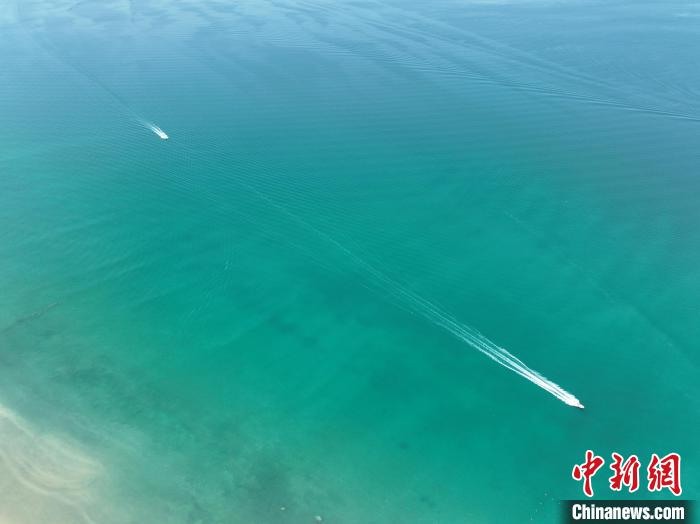 圖為航拍仲夏時節(jié)，青海湖湖水碧波蕩漾?！∑钤鲚?攝