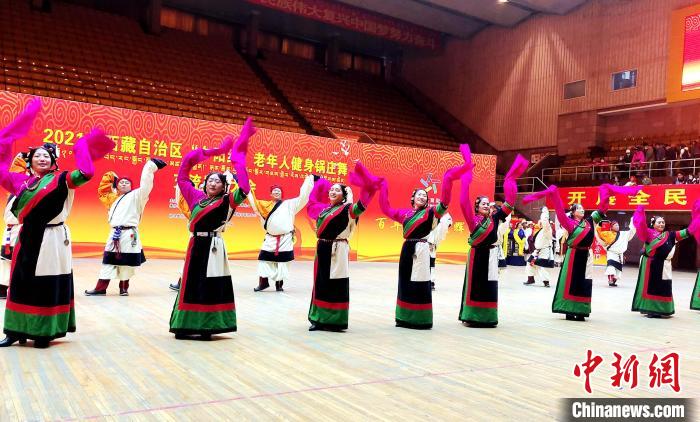 圖為西藏老年舞蹈隊(duì)齊跳傳統(tǒng)鍋莊舞。　貢桑拉姆 攝