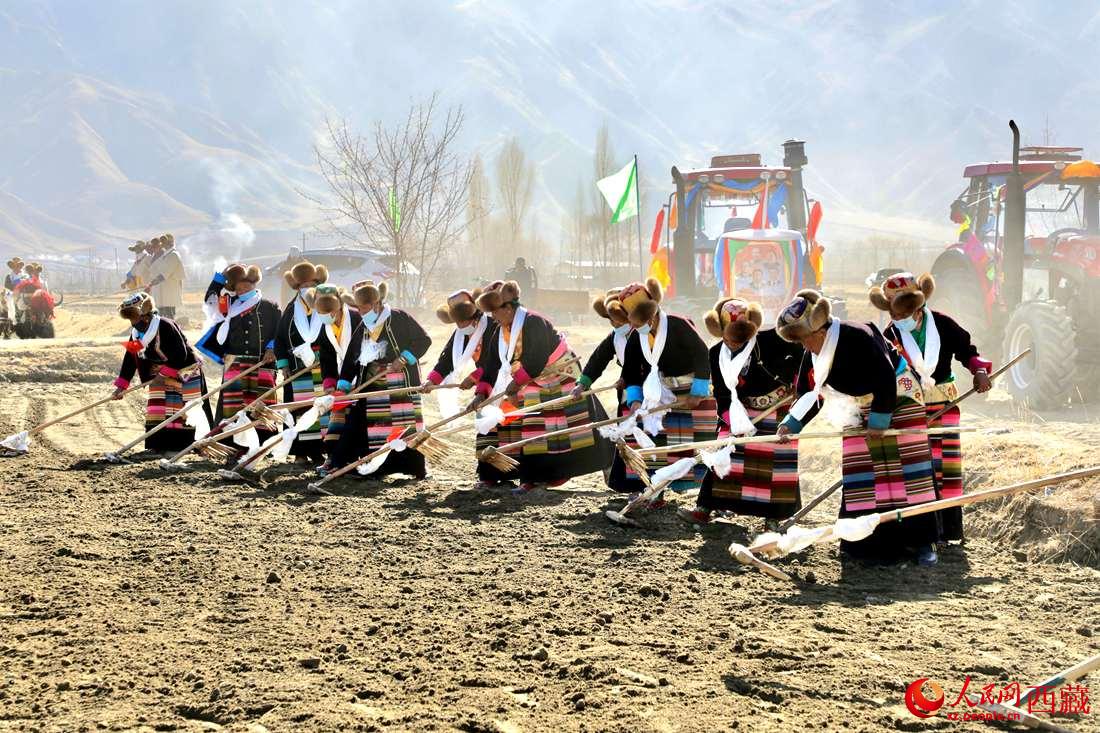 當?shù)卮迕裆碇?jié)日盛裝，舉行春耕儀式。人民網(wǎng) 次仁羅布攝
