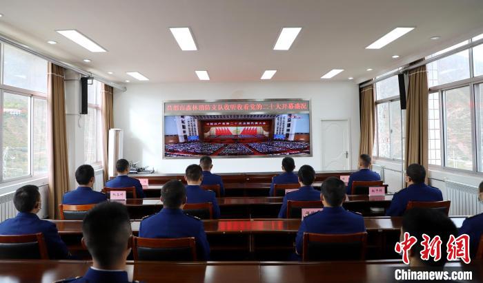 圖為西藏昌都市森林消防支隊(duì)收看二十大開幕直播?！⌒焖寂?攝