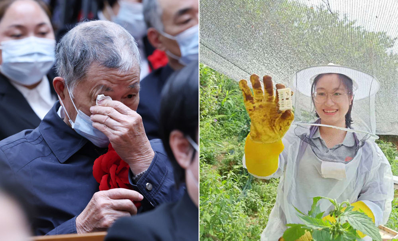 左圖為2021年2月25日，黃文秀的父親黃忠杰在全國脫貧攻堅(jiān)表彰大會上；右圖為黃文秀生前工作照。