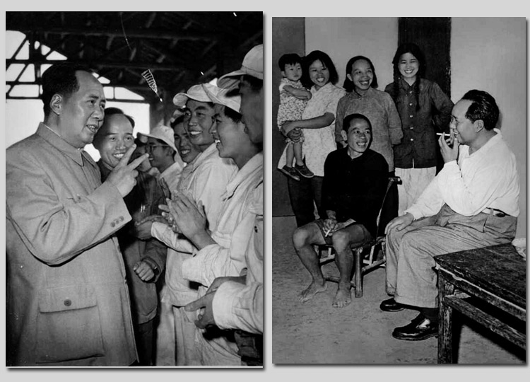 左圖：1959年，毛主席在安徽視察工廠時(shí)，同煉鋼工人親切談話。右圖：1959年，毛主席在湖南視察韶山，同貧農(nóng)社員親切談話。
